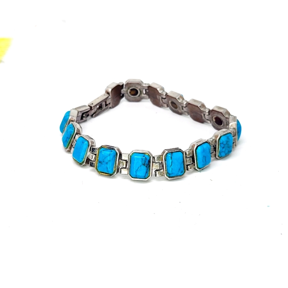 Vtg Faux Turquoise Silver Tone Magnetic Bracelet Arthritis Pain Relief Energy 8"